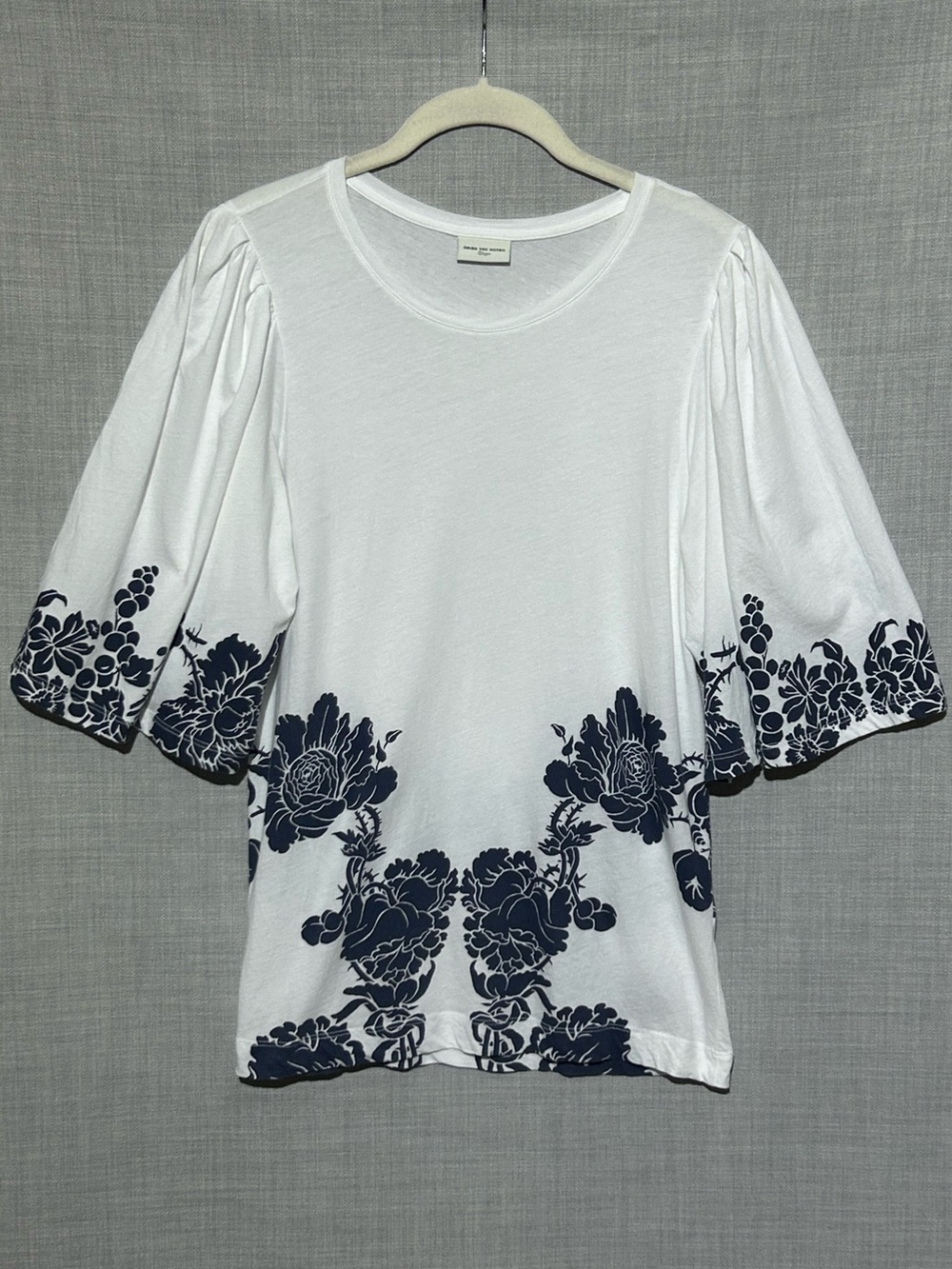 Dries van Noten White & Navy Floral Cotton T Shirt Top Wide Flare Sleeve Large